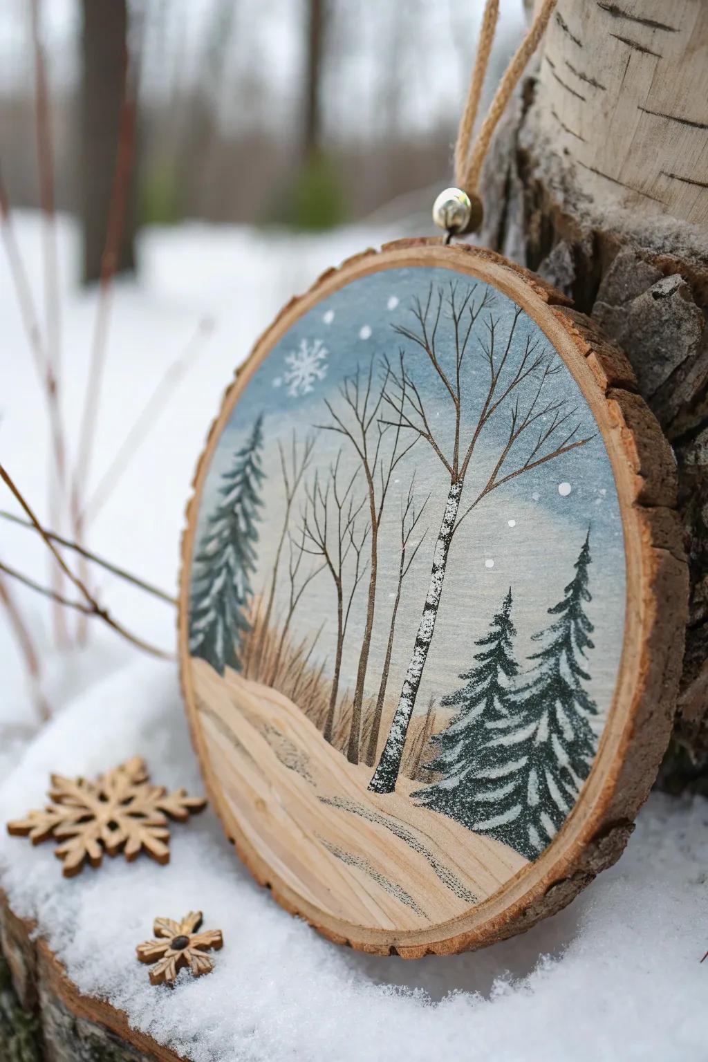 A winter wonderland painted by hand on a wood decoration.