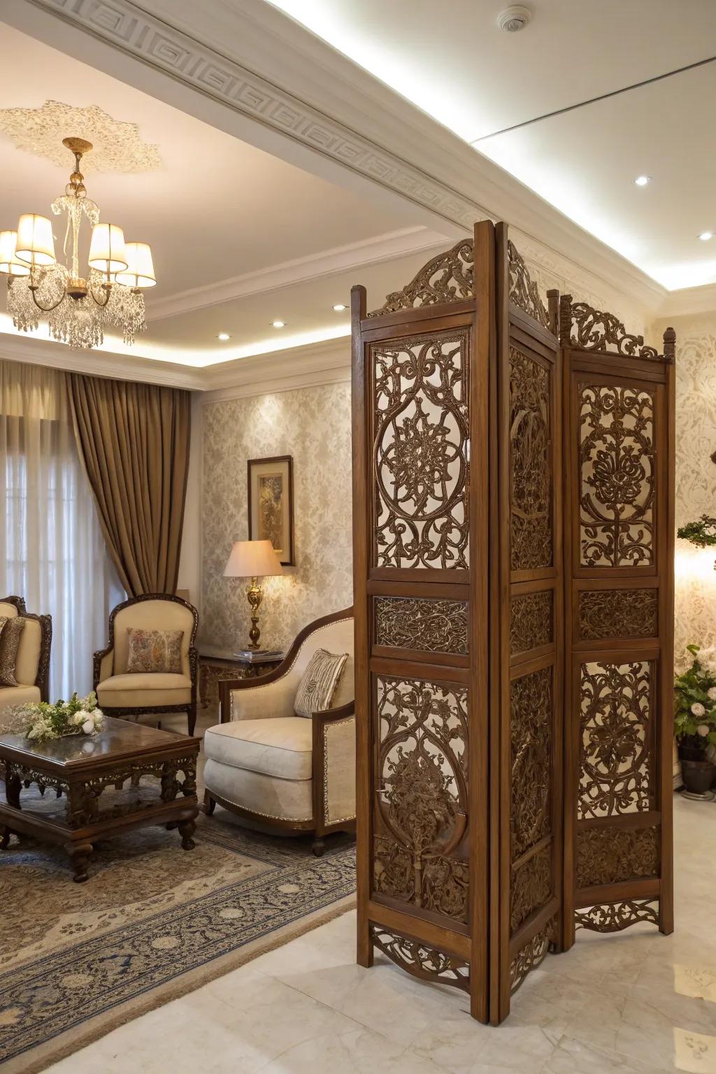 Detailed wooden panels impart both seclusion and artistic elegance to this refined living space.
