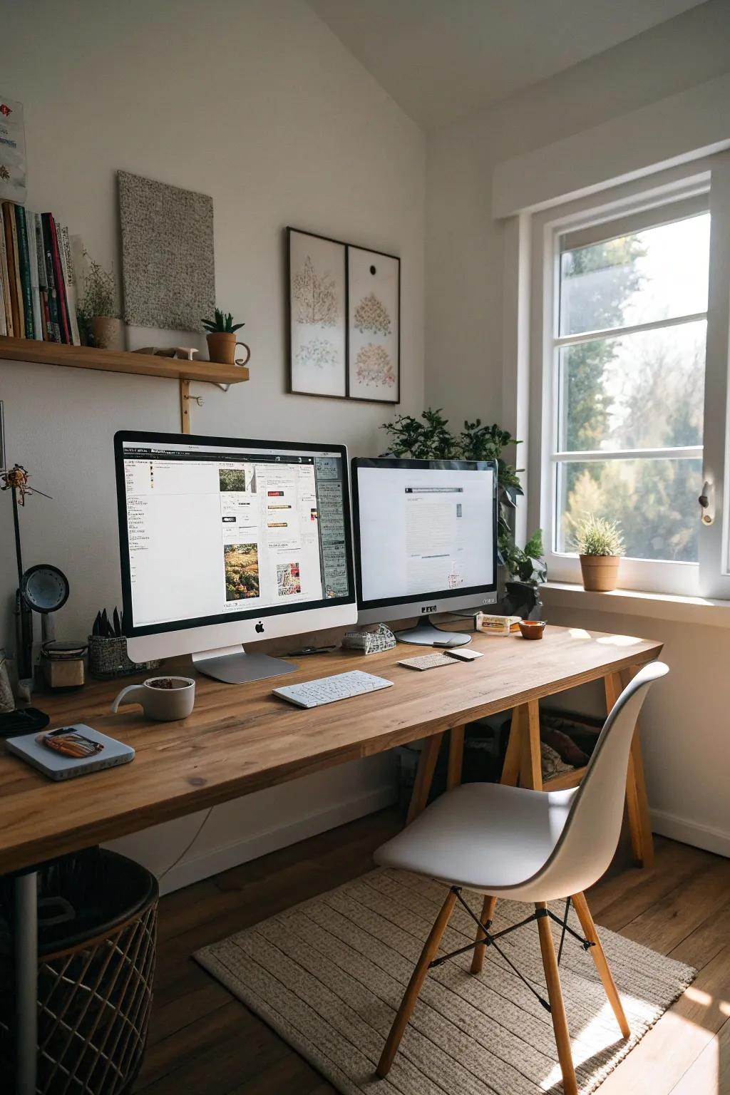 A setup featuring dual monitors to boost your productivity while working remotely.