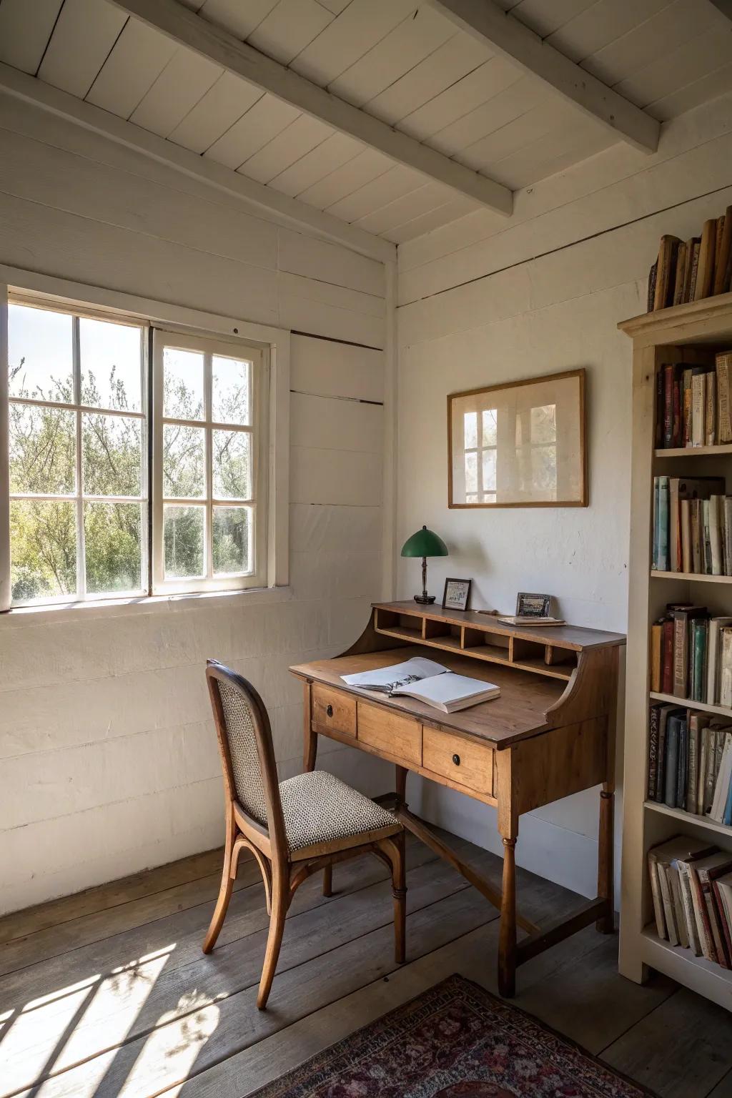 A minimalist writing shed interior designed to amplify concentration and creativity.