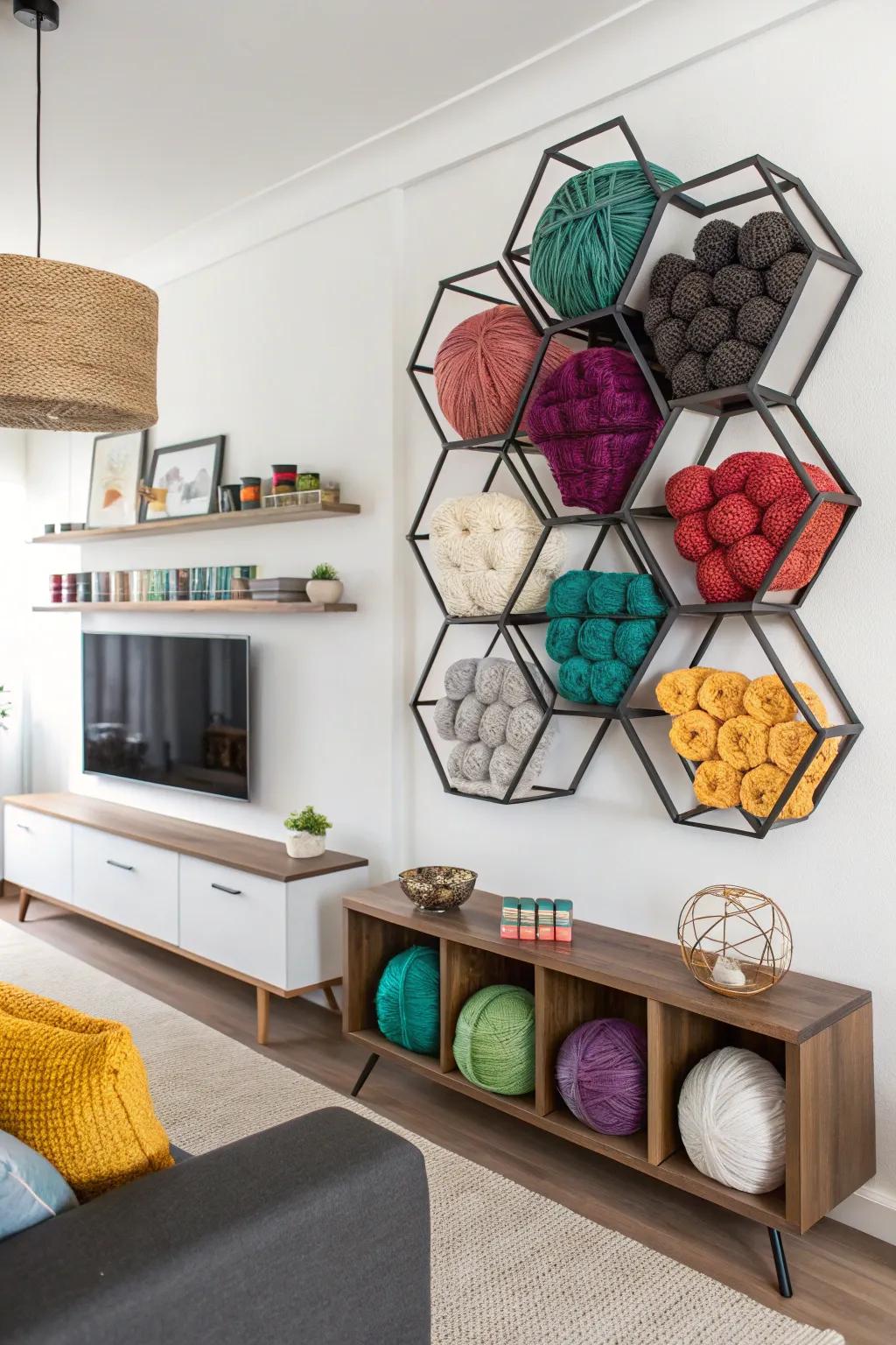 Geometric shelves for wall mounting transform yarn storage into a work of art.