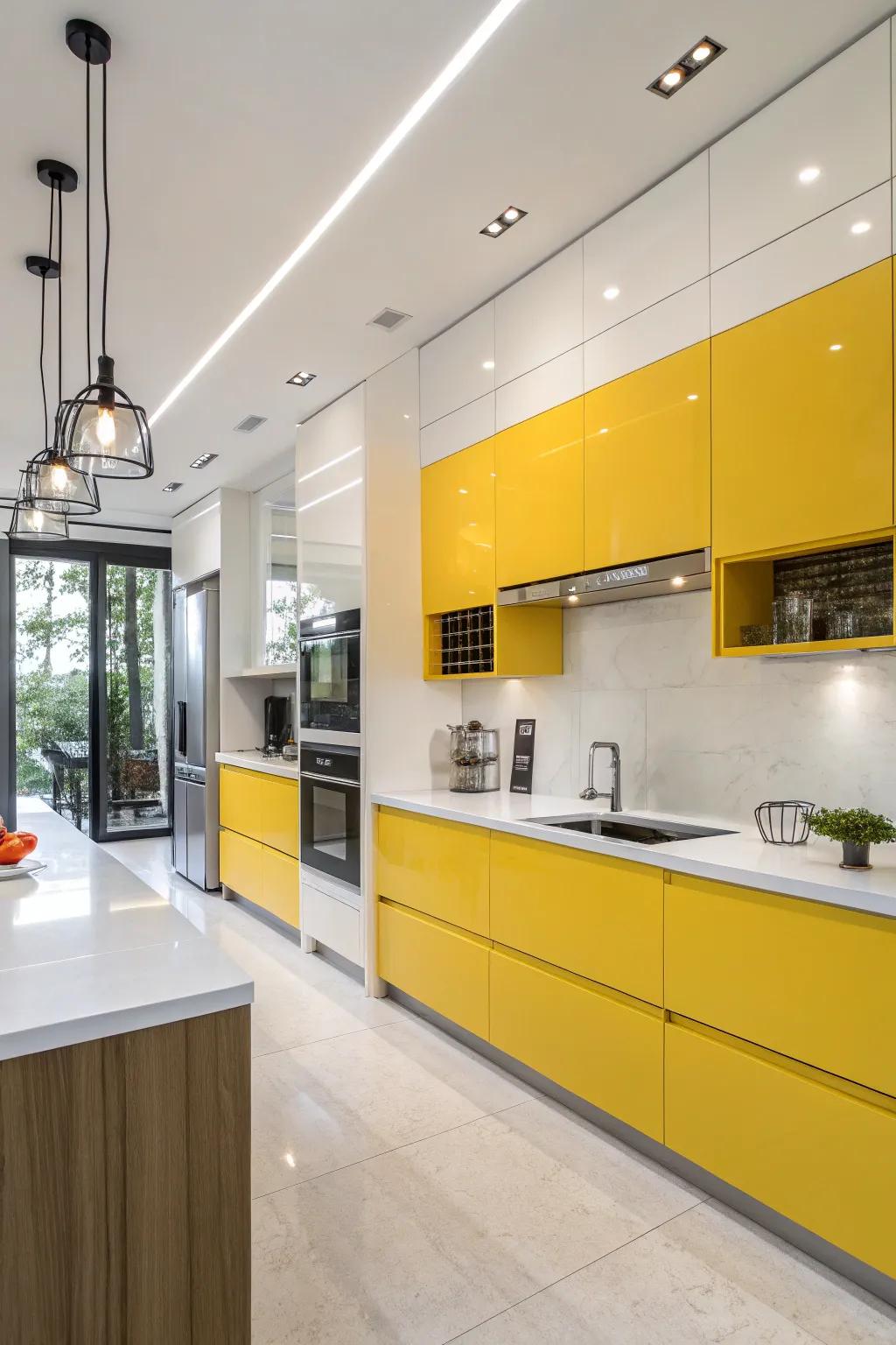 Striking yellow cabinets serve as a captivating focal point in any kitchen setting.