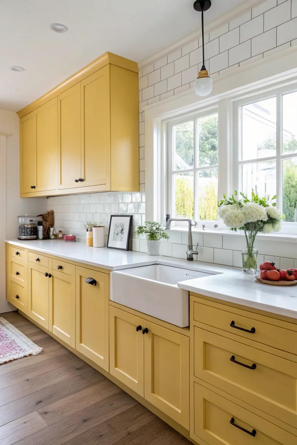 Lustrous yellow cabinets illuminate this modern kitchen.