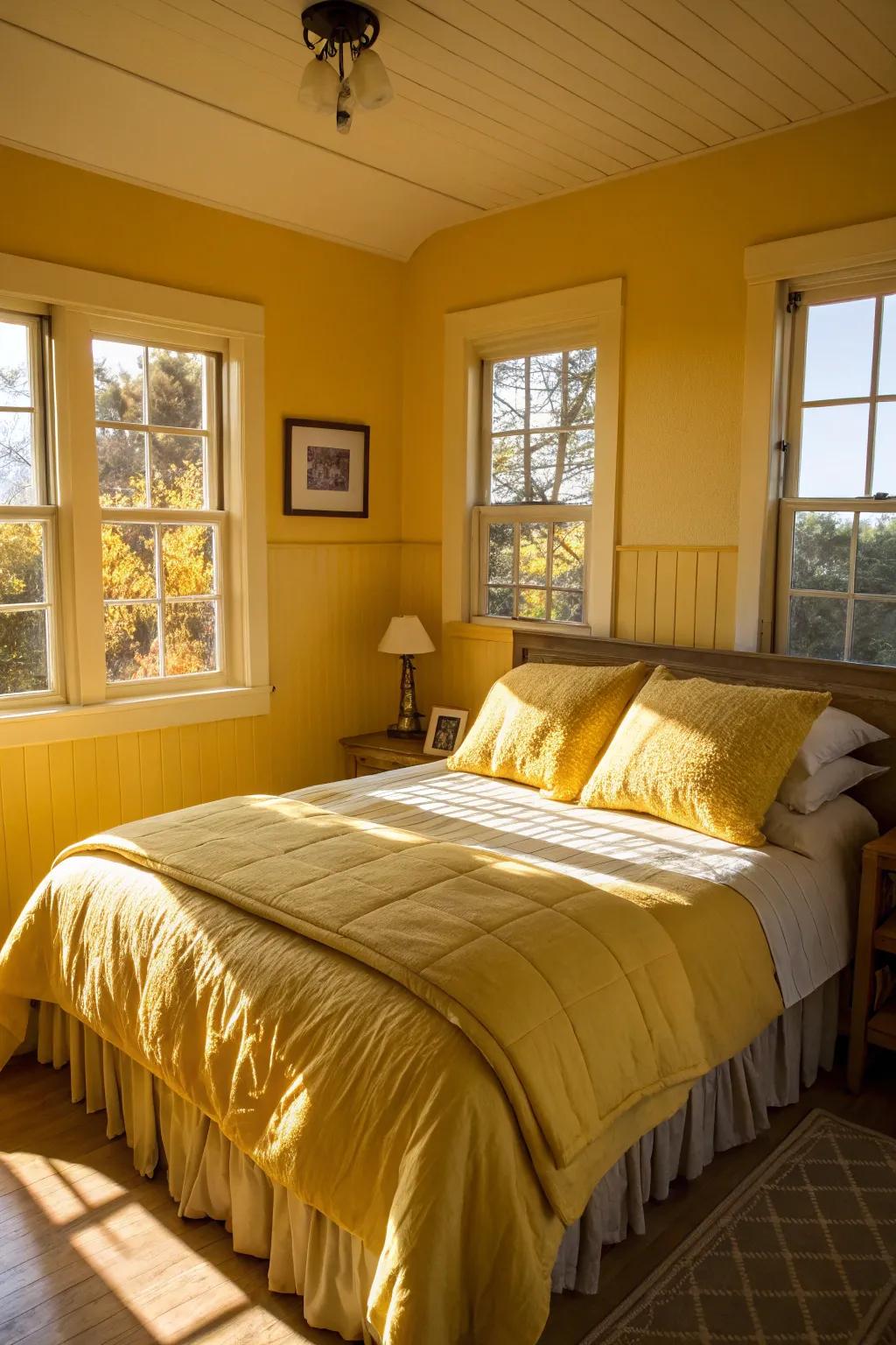 A serene bedroom bathed in soft golden hues.