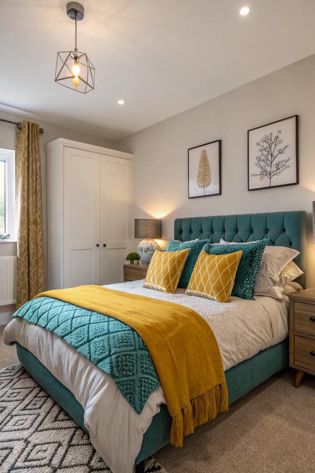 The contrast of neutral shades with daring color accents results in a vibrant ambiance.
