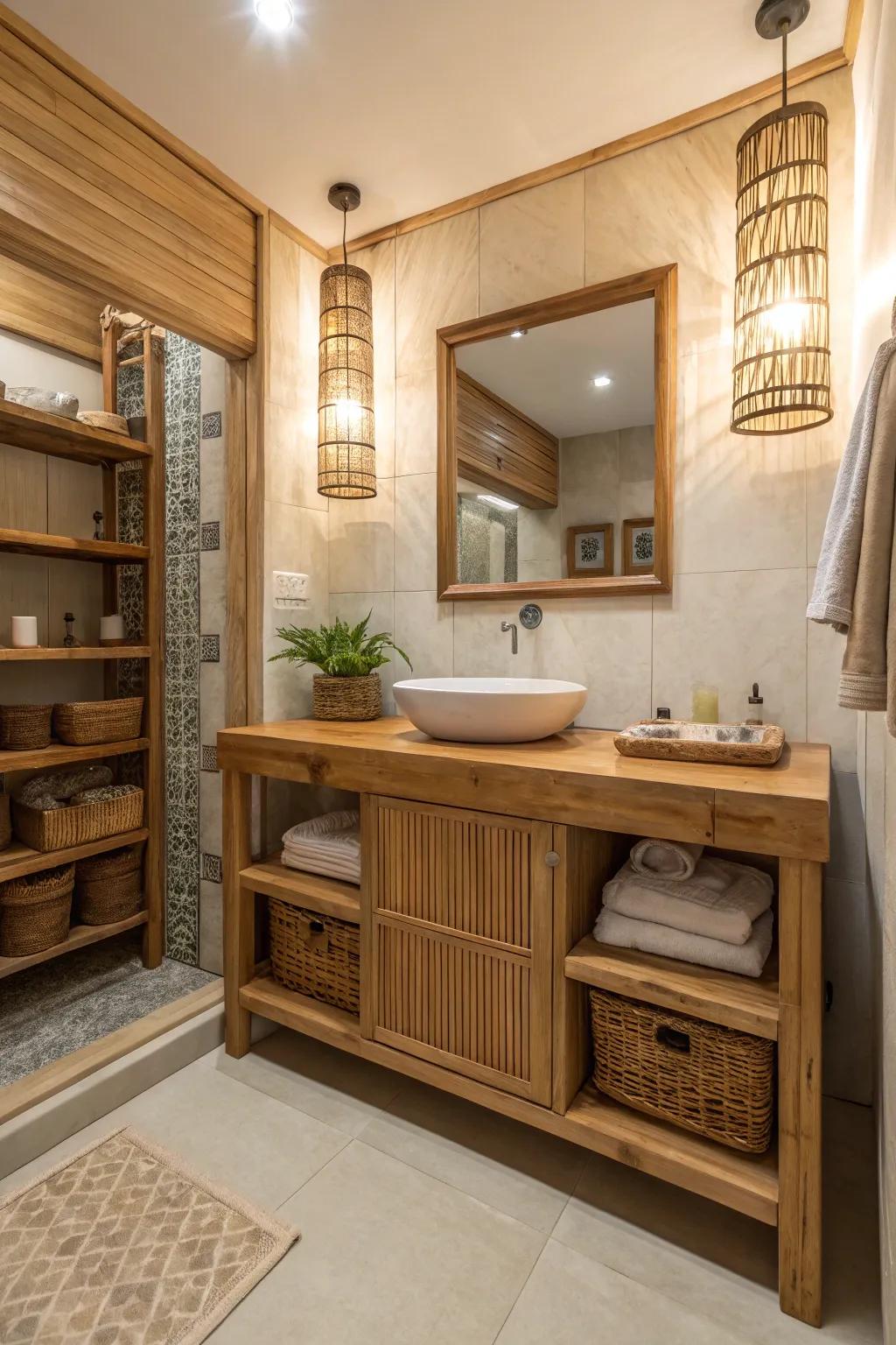 Timber features create a cozy, inviting atmosphere in a zen bathroom.