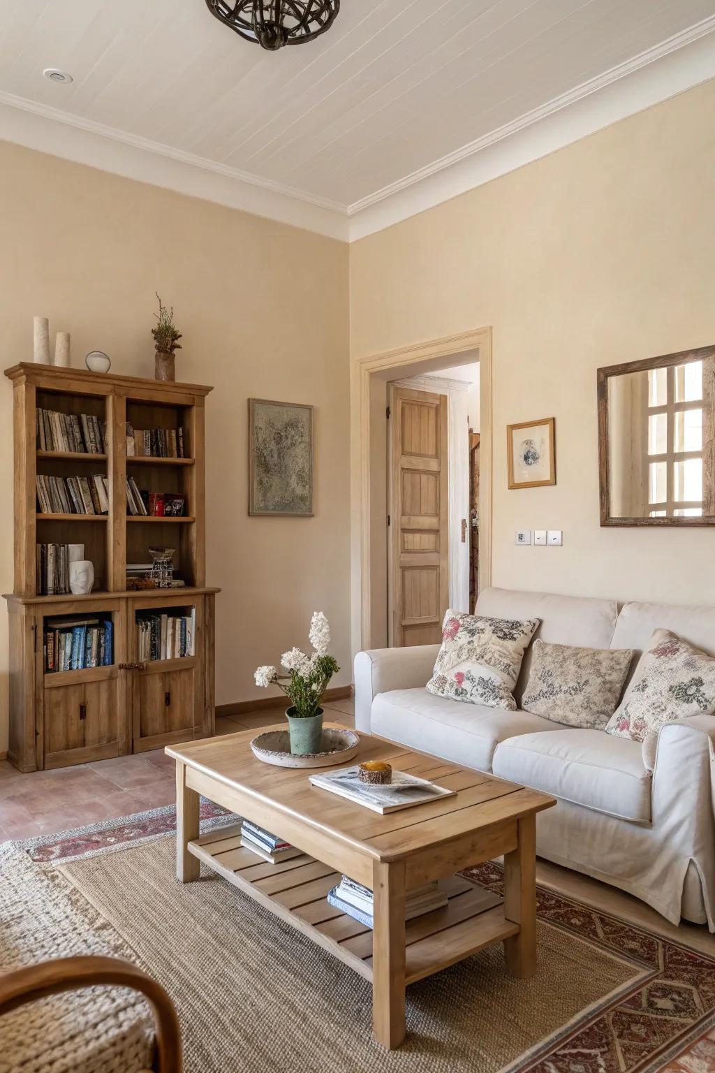 A serene living space featuring natural shades and simple ornamentation.