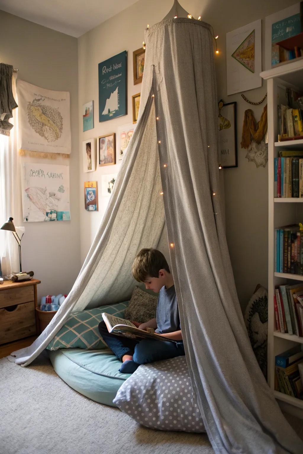 A handcrafted canopy transforms a corner into a snug reading hideaway.