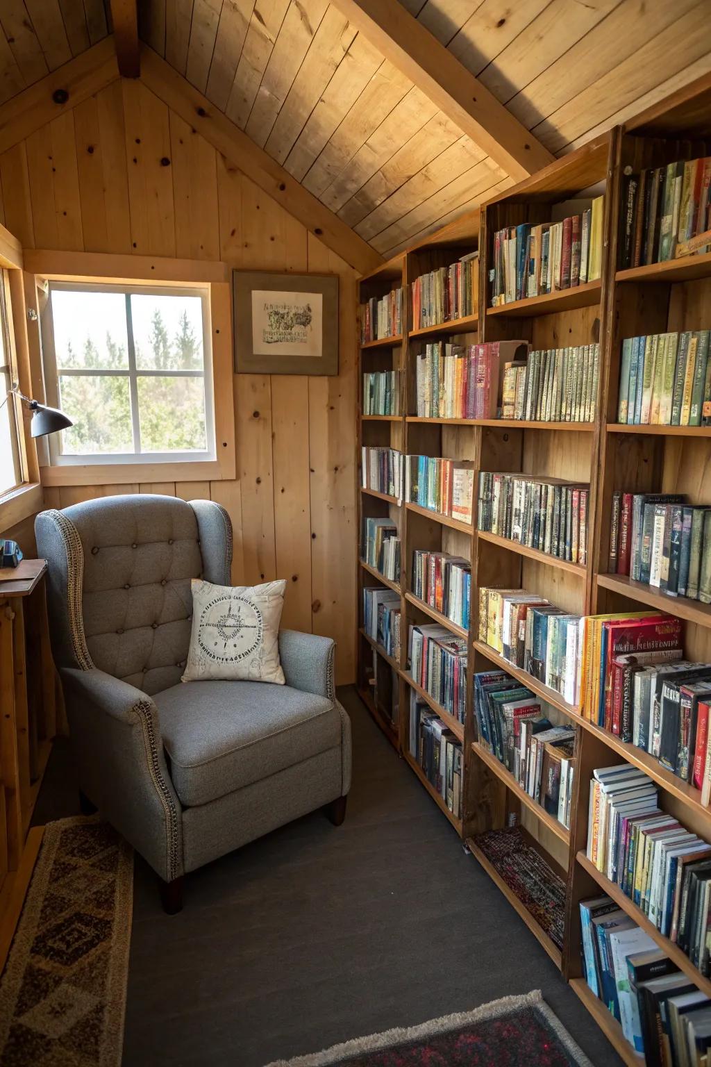 A book nook filled with bookshelves and a cozy reading chair.