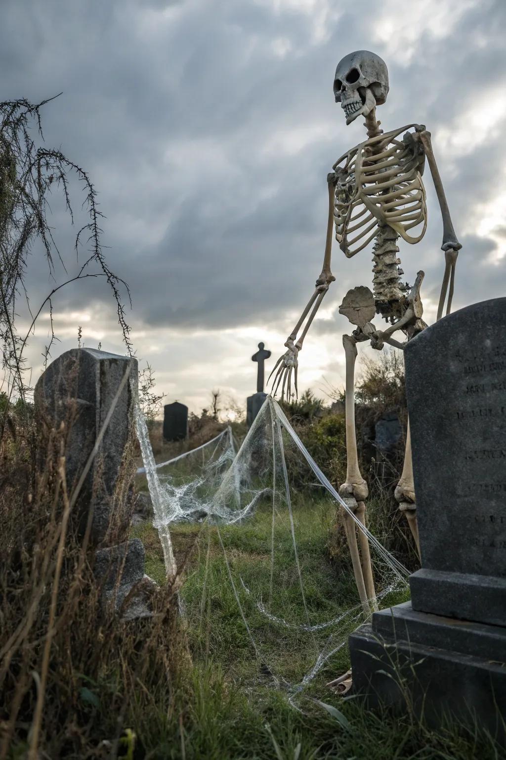 A burial ground scene with a towering skeleton.