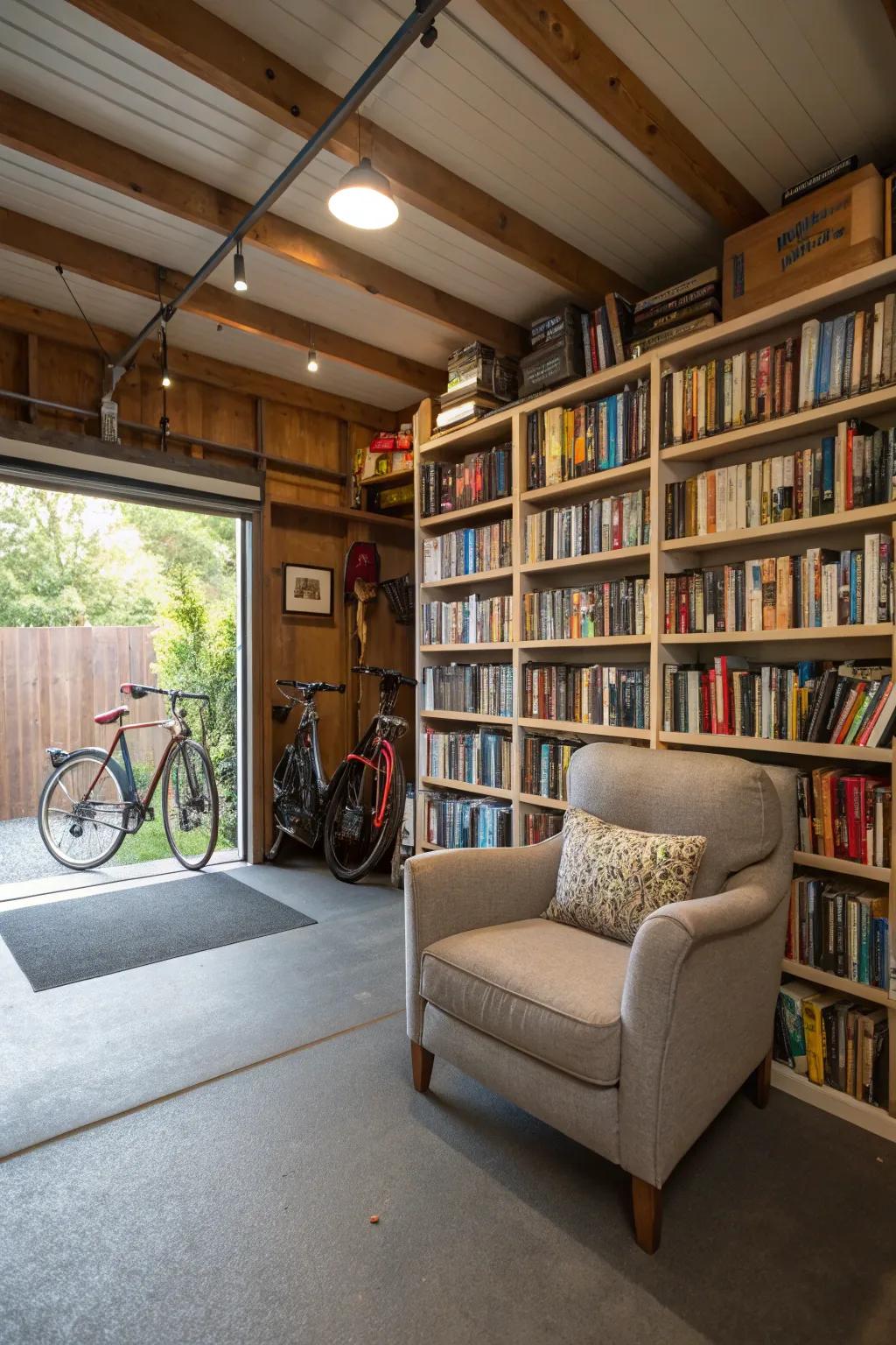 Escape into a world of books in a tranquil garage library.