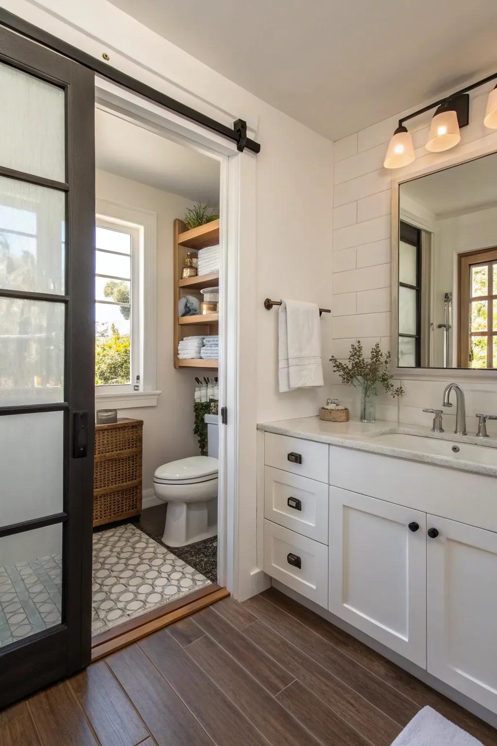 Sliding doors save area and improve the flow of small washrooms.