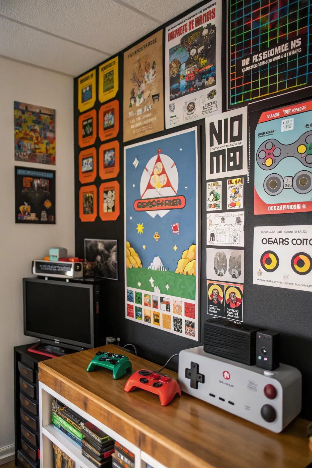 Retro digital game visuals showcased on a gaming-themed display board.