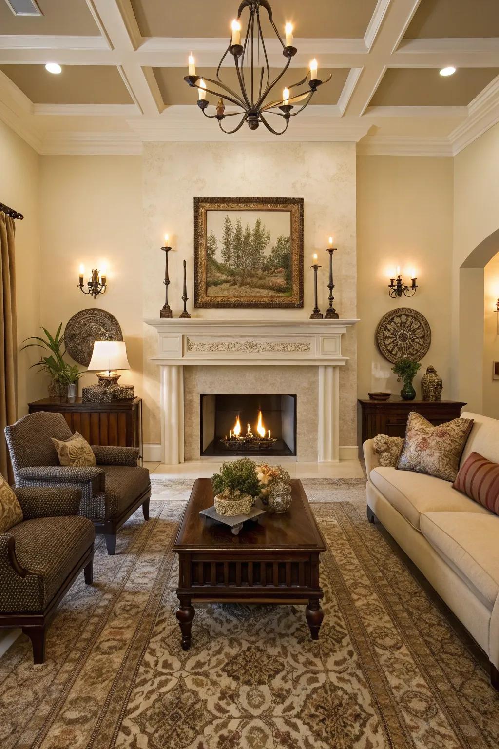Symmetry forges a balanced and harmonious appearance above the fireplace.