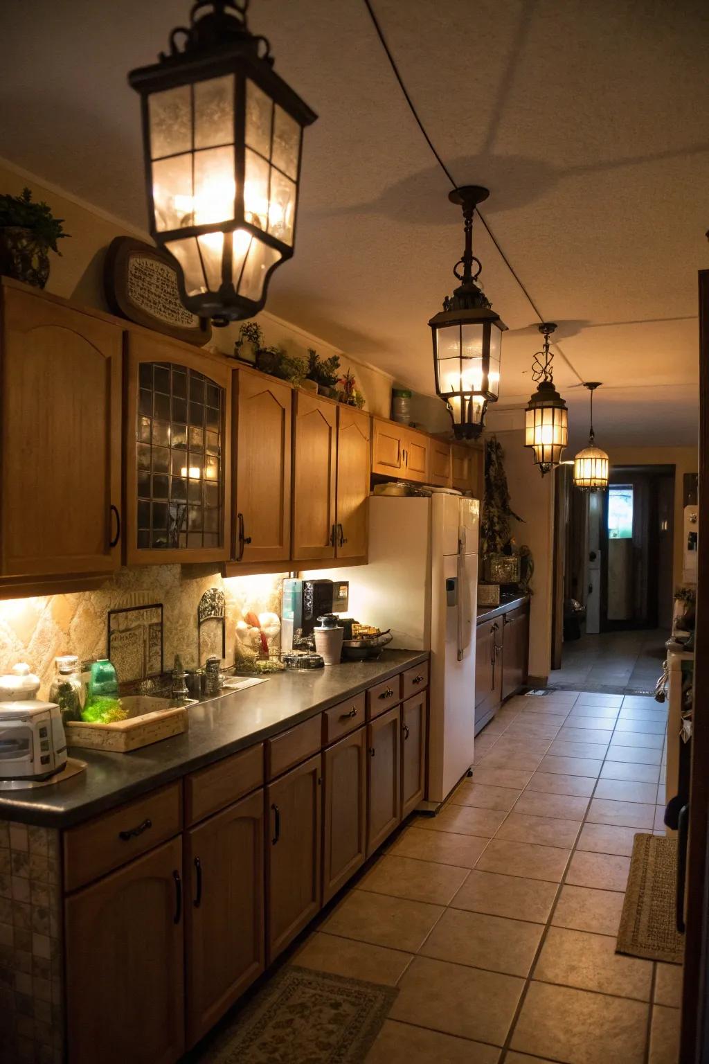 Lanterns bring a welcoming, warm glow to the space above the refrigerator.