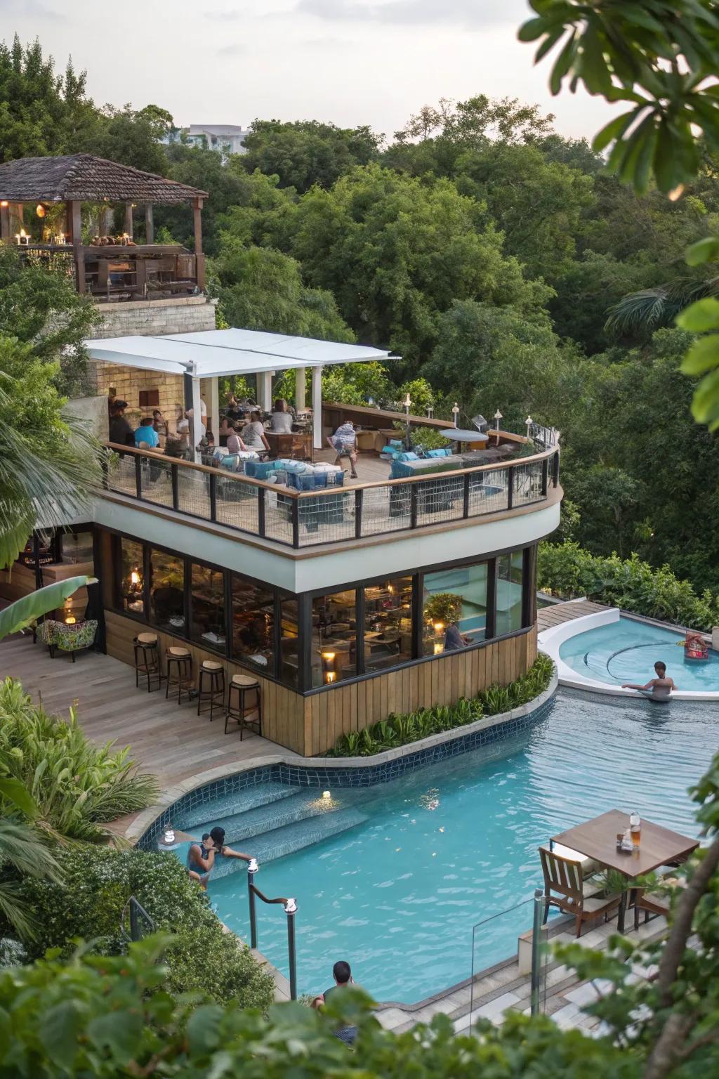 A multi-tiered bar design enhances visual appeal and practical functionality.