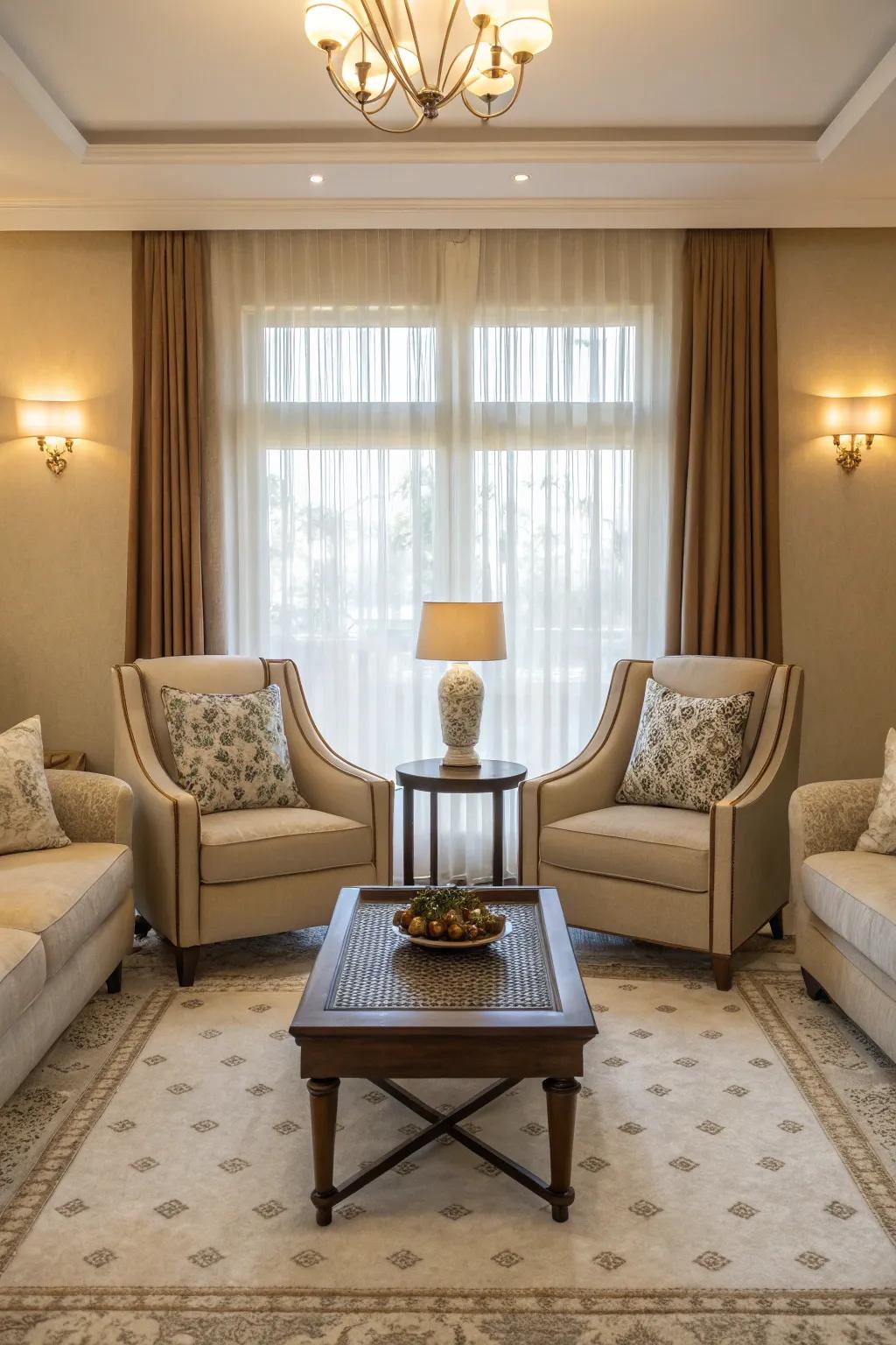 Symmetrical chairs craft a harmonious and unified space.