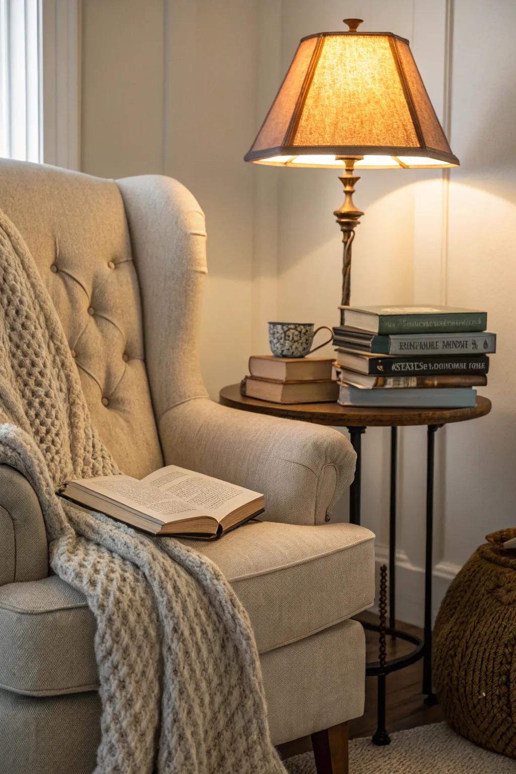 Soft lamps make reading spots inviting.