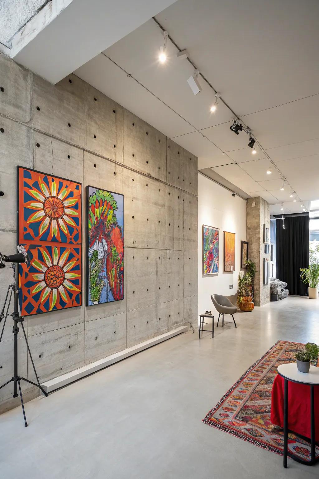 A creative area featuring a stony gray accent wall for a modern industrial look.