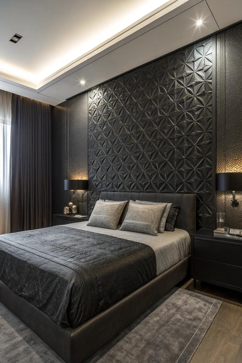 A charcoal boudoir exhibiting an embossed accent façade for visual intrigue.