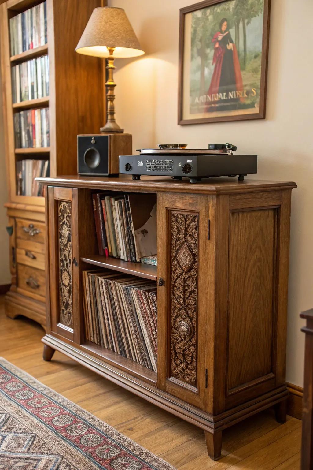 A vintage sideboard adapted for peculiar vinyl record storage.