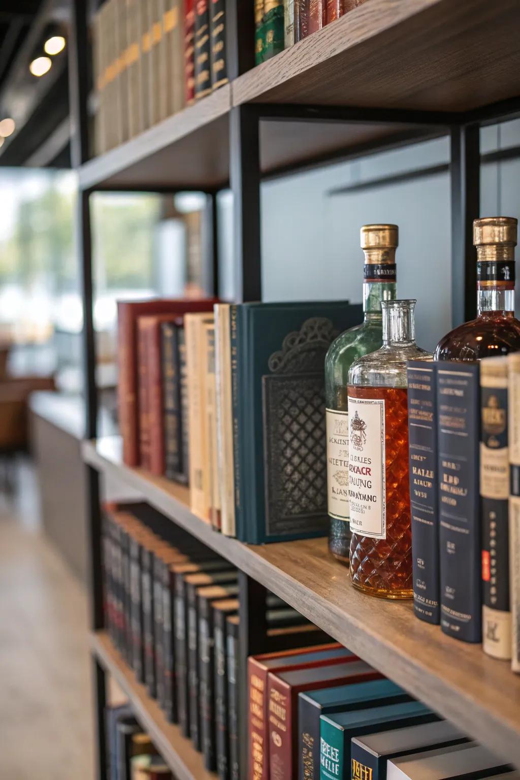 An artfully arranged bookshelf combining books and spirit bottles for a unique decor touch.
