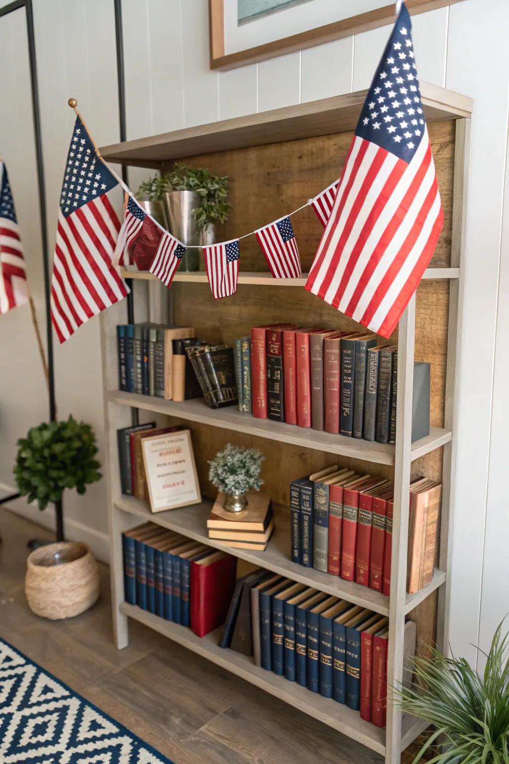 Bookshelves adorned with flags and literary works cultivate a personal touch.
