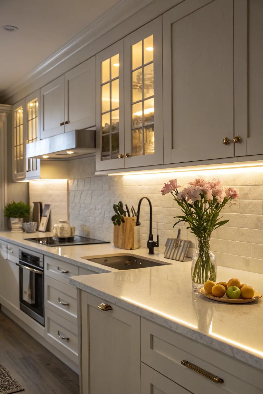 A kitchen featuring under-cabinet lights for better visibility.