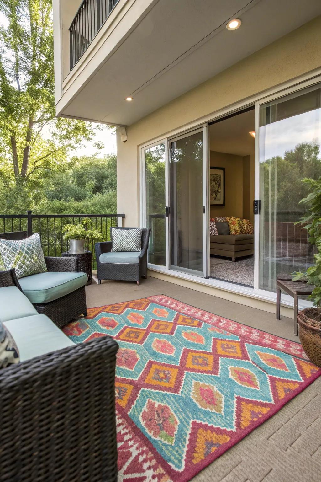 An exterior rug adds style and comfort to the patio.