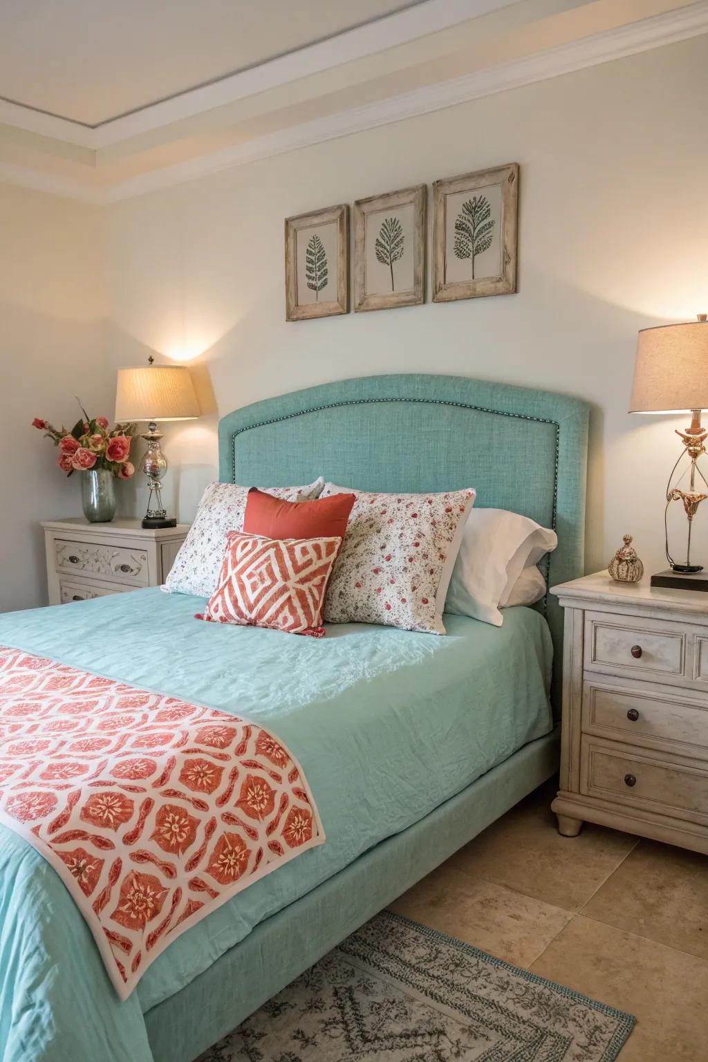 Coral accents introduce a lively contrast to the sea room.