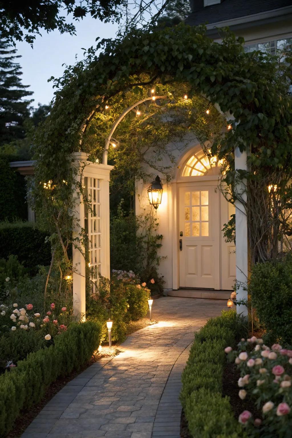 An arbor featuring integrated lighting for a charming nighttime entrance.