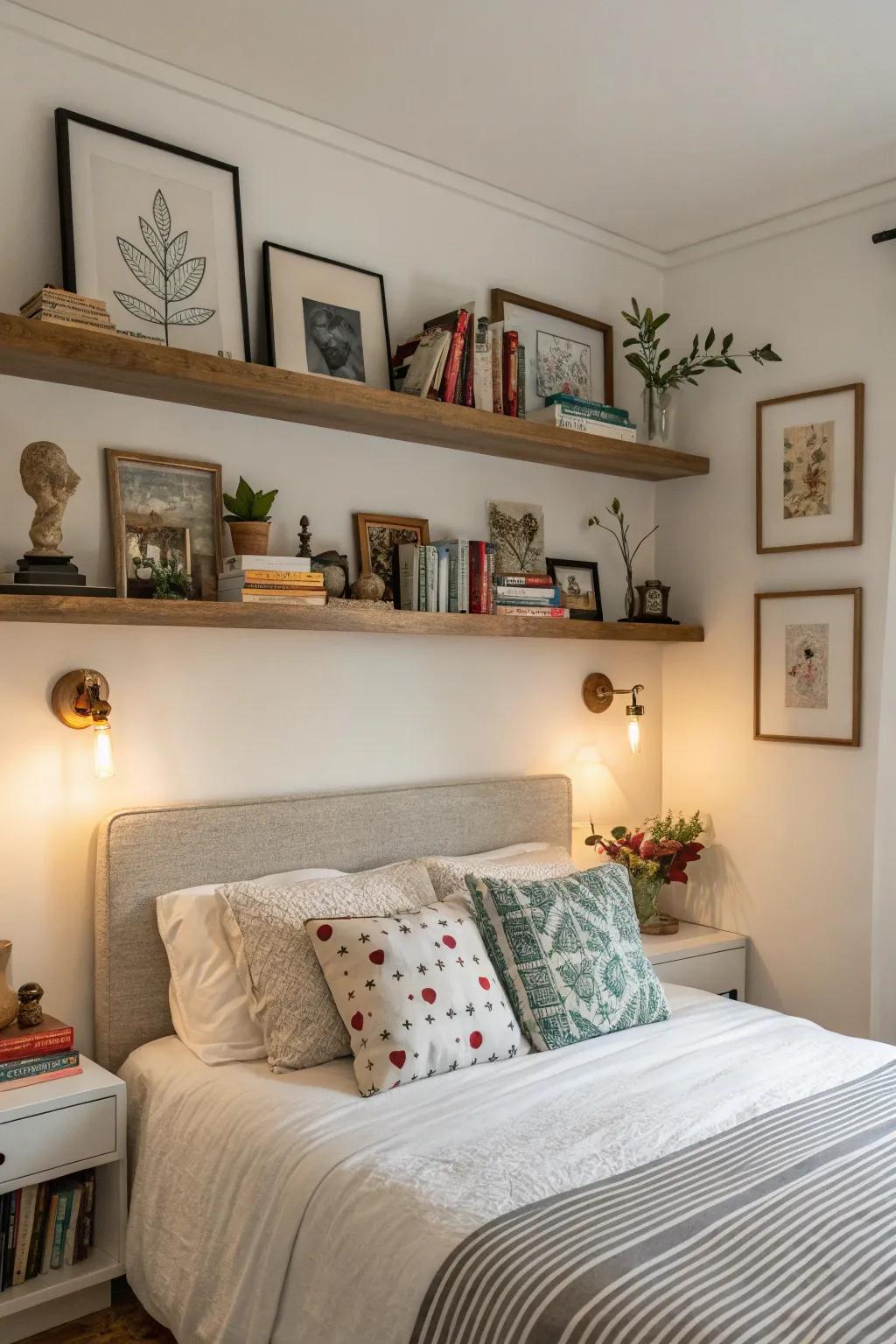 Express your aesthetic with floating shelves for art and decor.