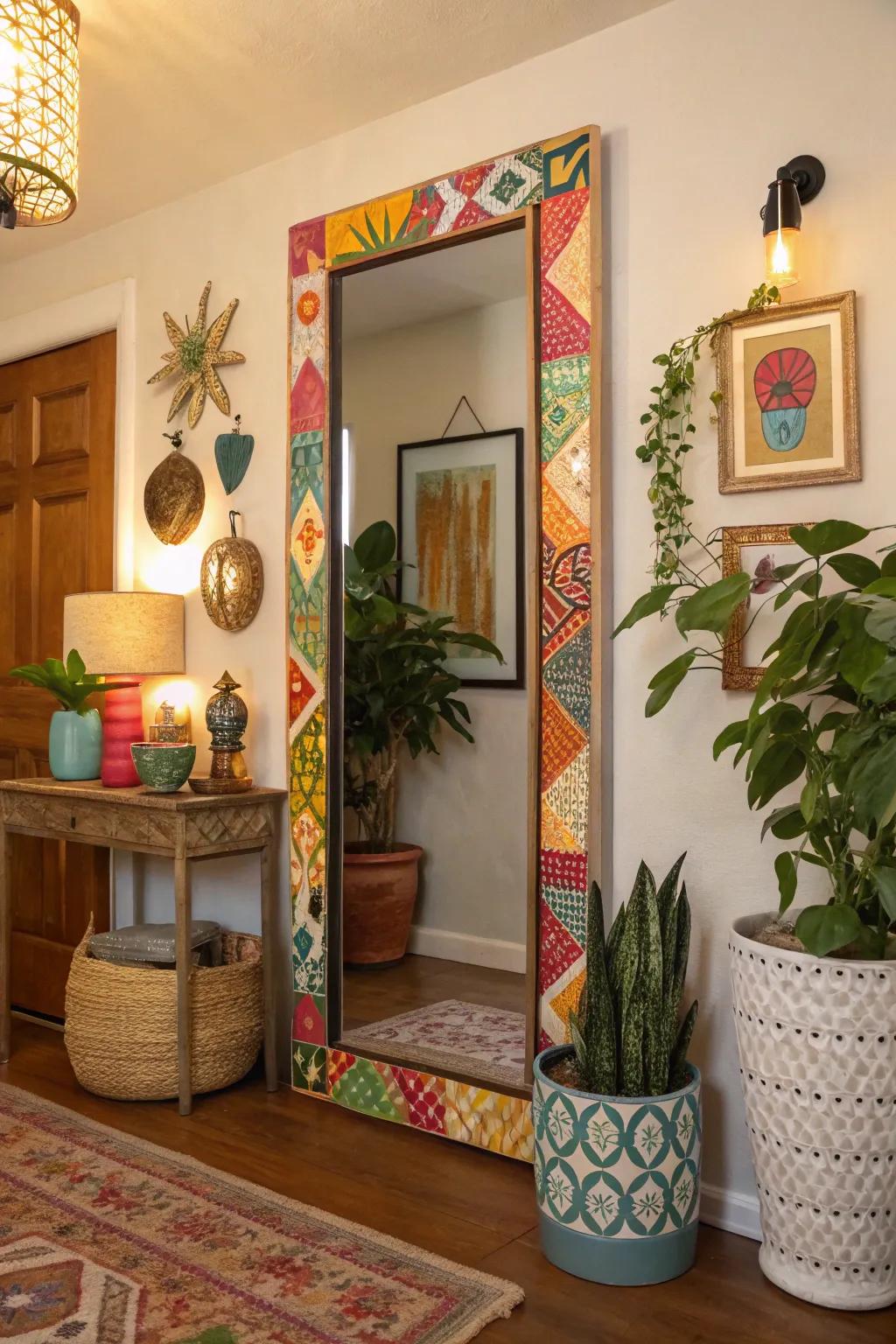 A repurposed looking glass makeover injects a burst of color and identity into this entrance.