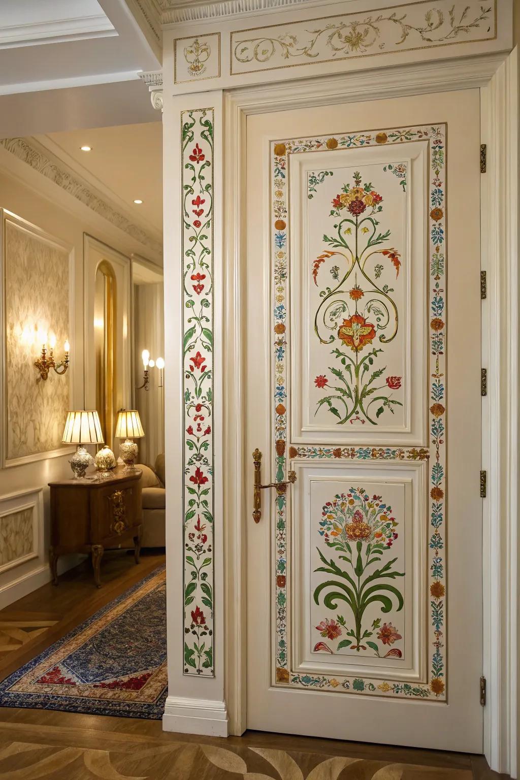 A door embellished with patterned designs for a customized artistic flair.