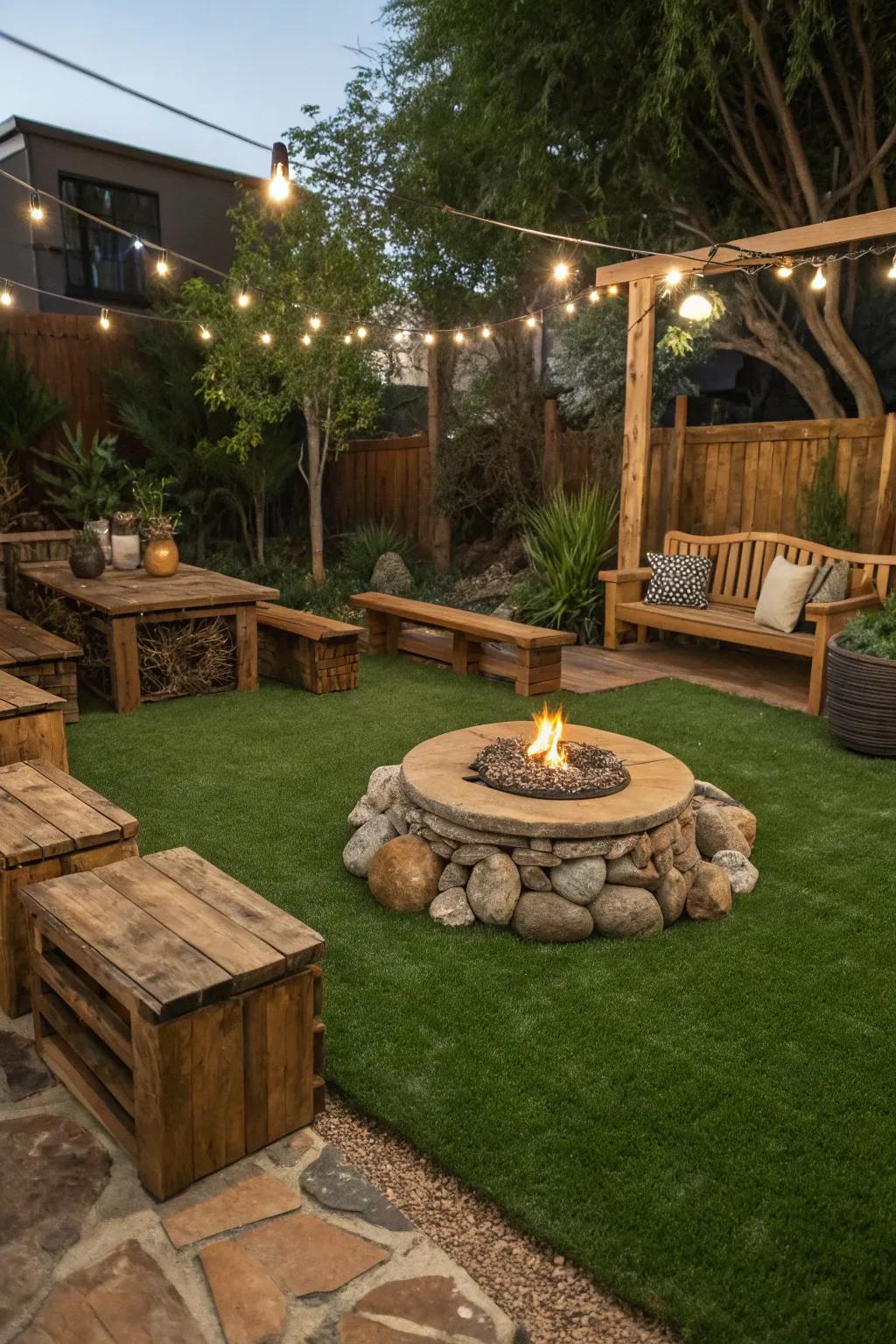 Capture a rustic charm with natural accents and synthetic turf.