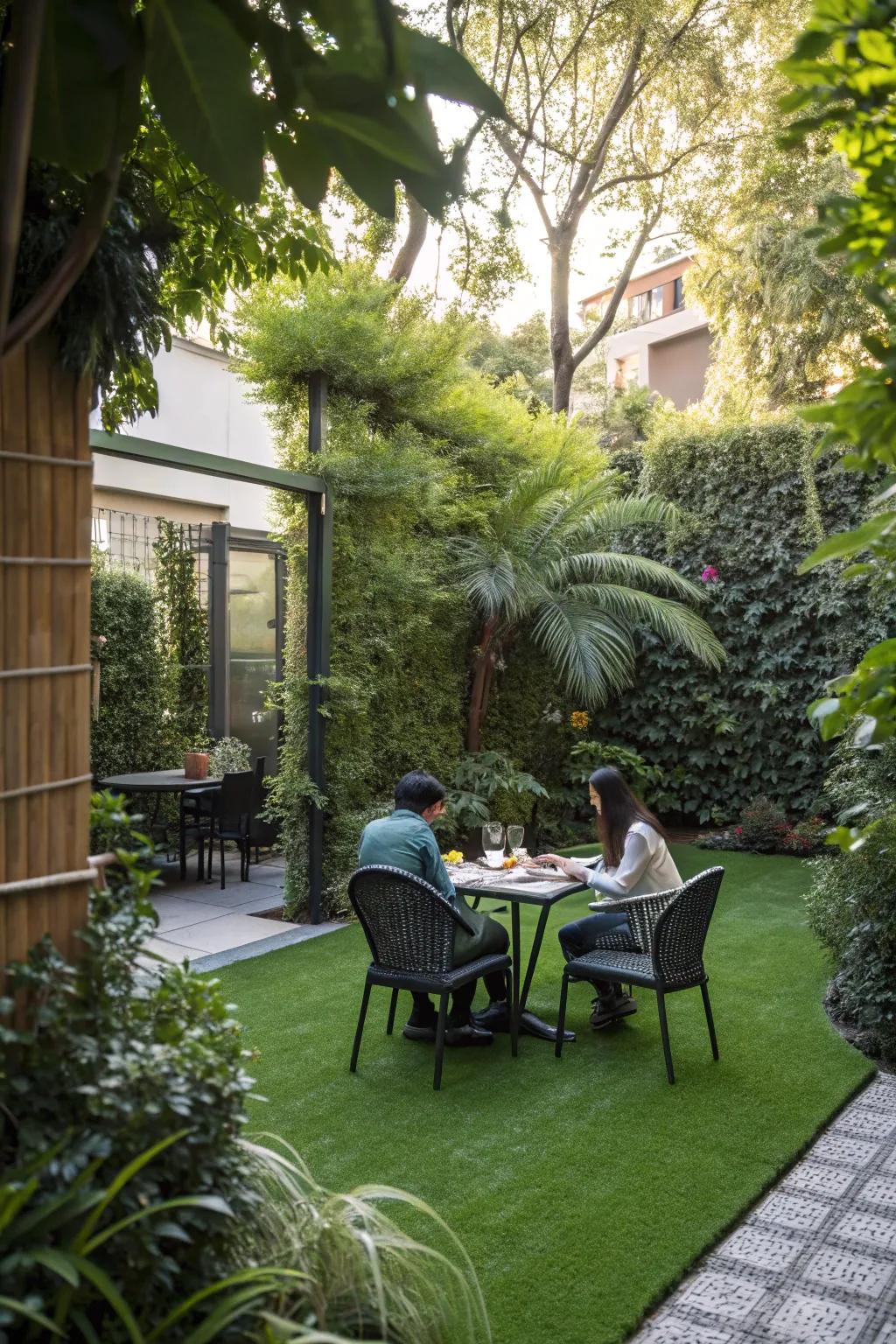 Eat outdoors in comfort by using a beautiful simulated turf setting.