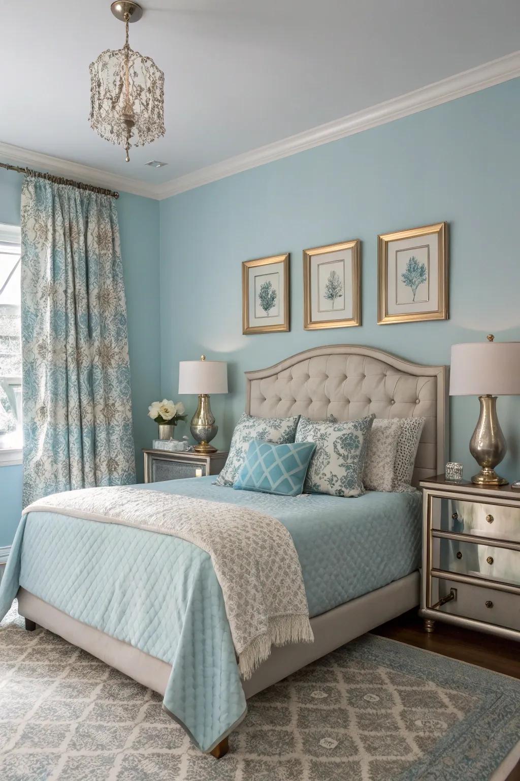 Metallic touches lift up the elegance of a soft sky bedroom.