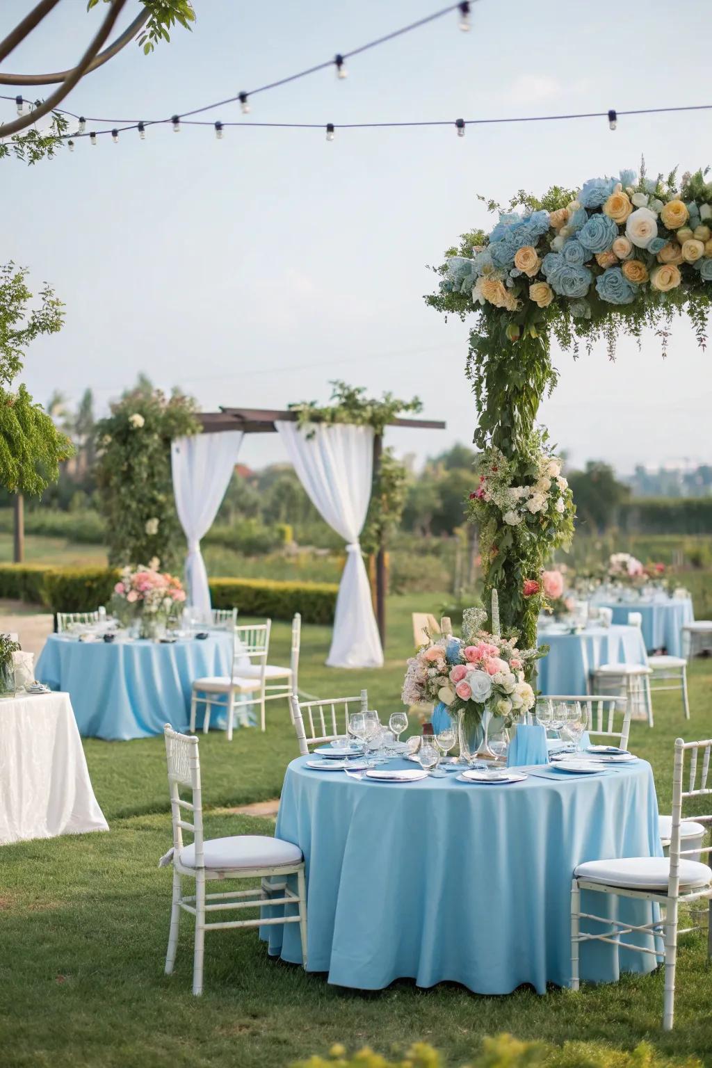 External arrangements with azure decor embrace nature's allure.