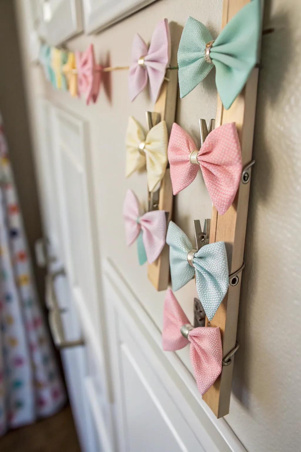 Creative magnetic strip for organizing baby bows.