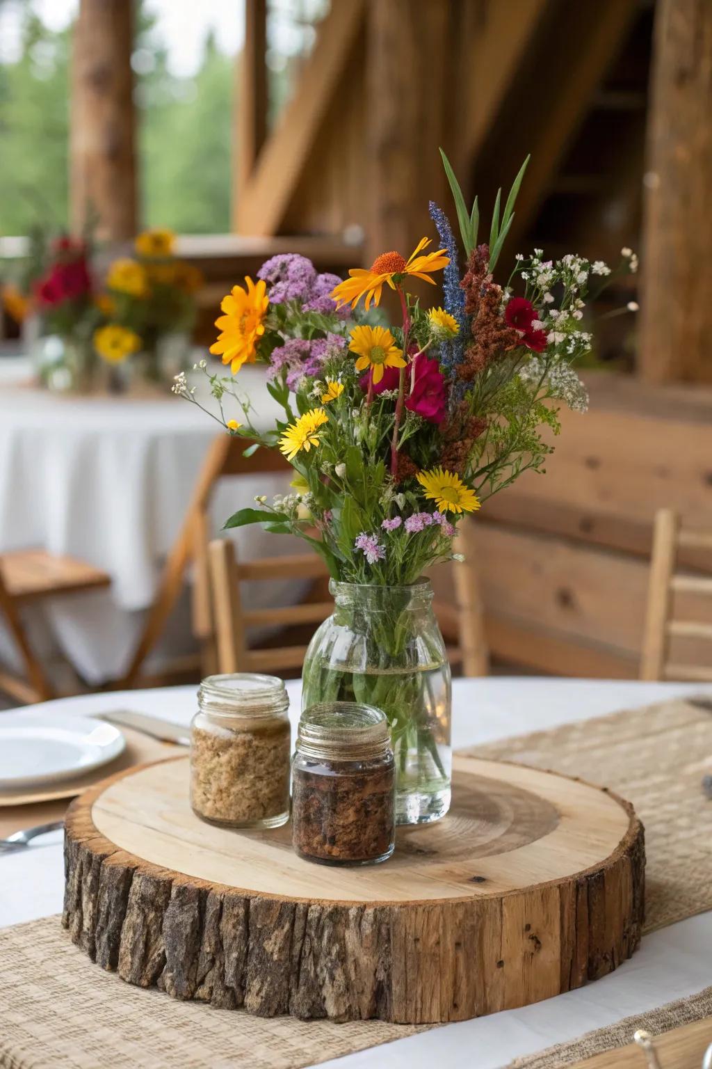 Countryside chic centerpiece featuring timber accents.