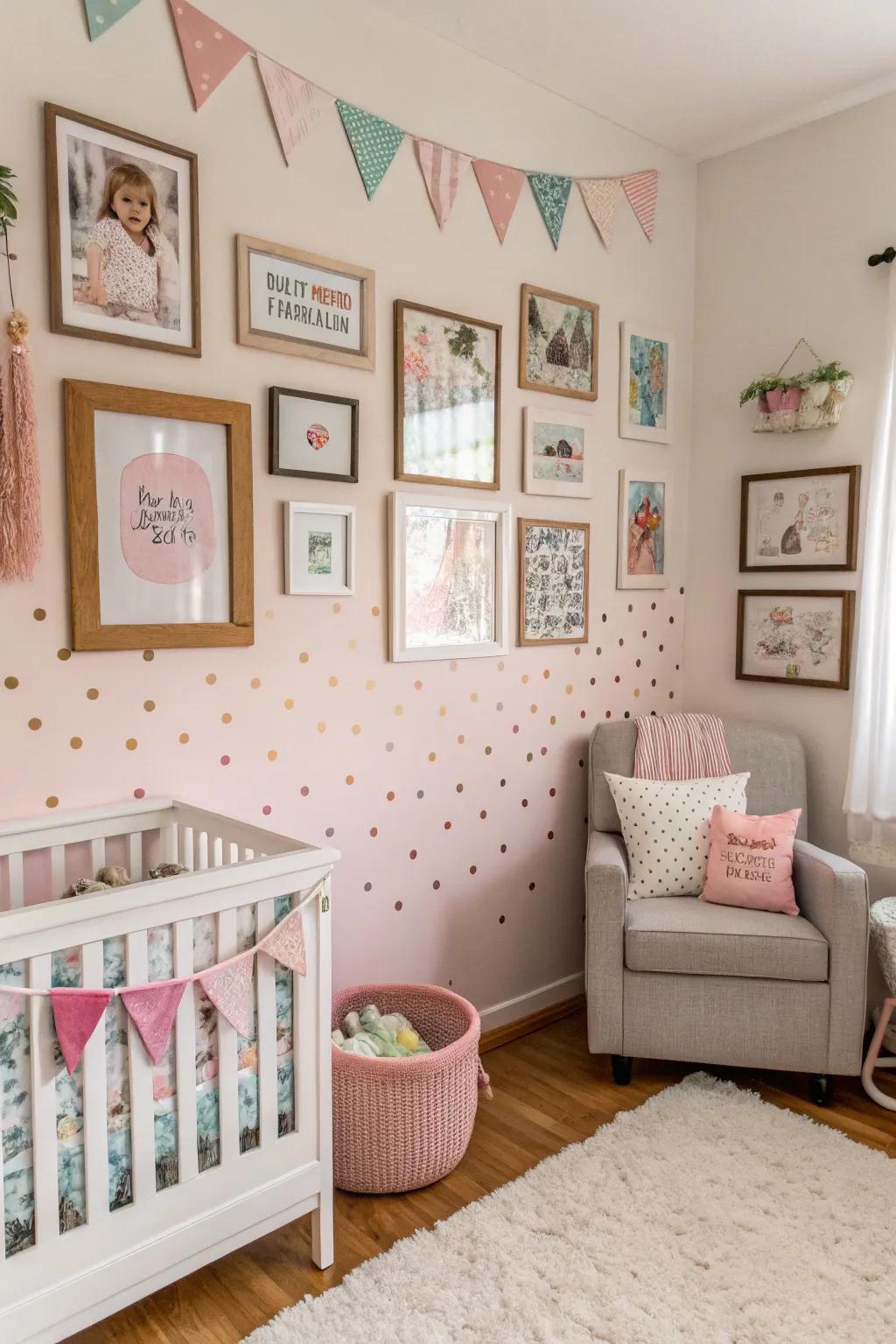 A gallery partition of recollections appends a personal nuance to the nursery.