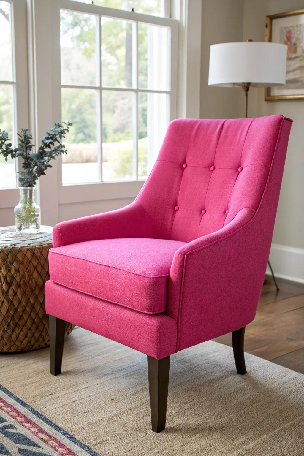 A daring rose seat serves as a striking accent within the chamber.