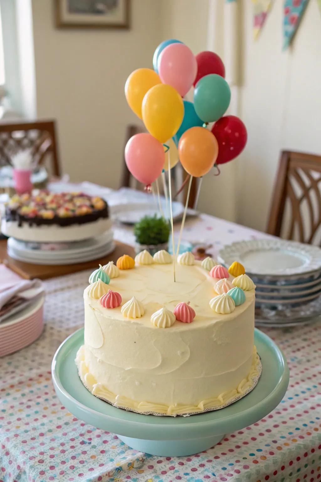 Joyful fondant balloons introduce color and elevation.