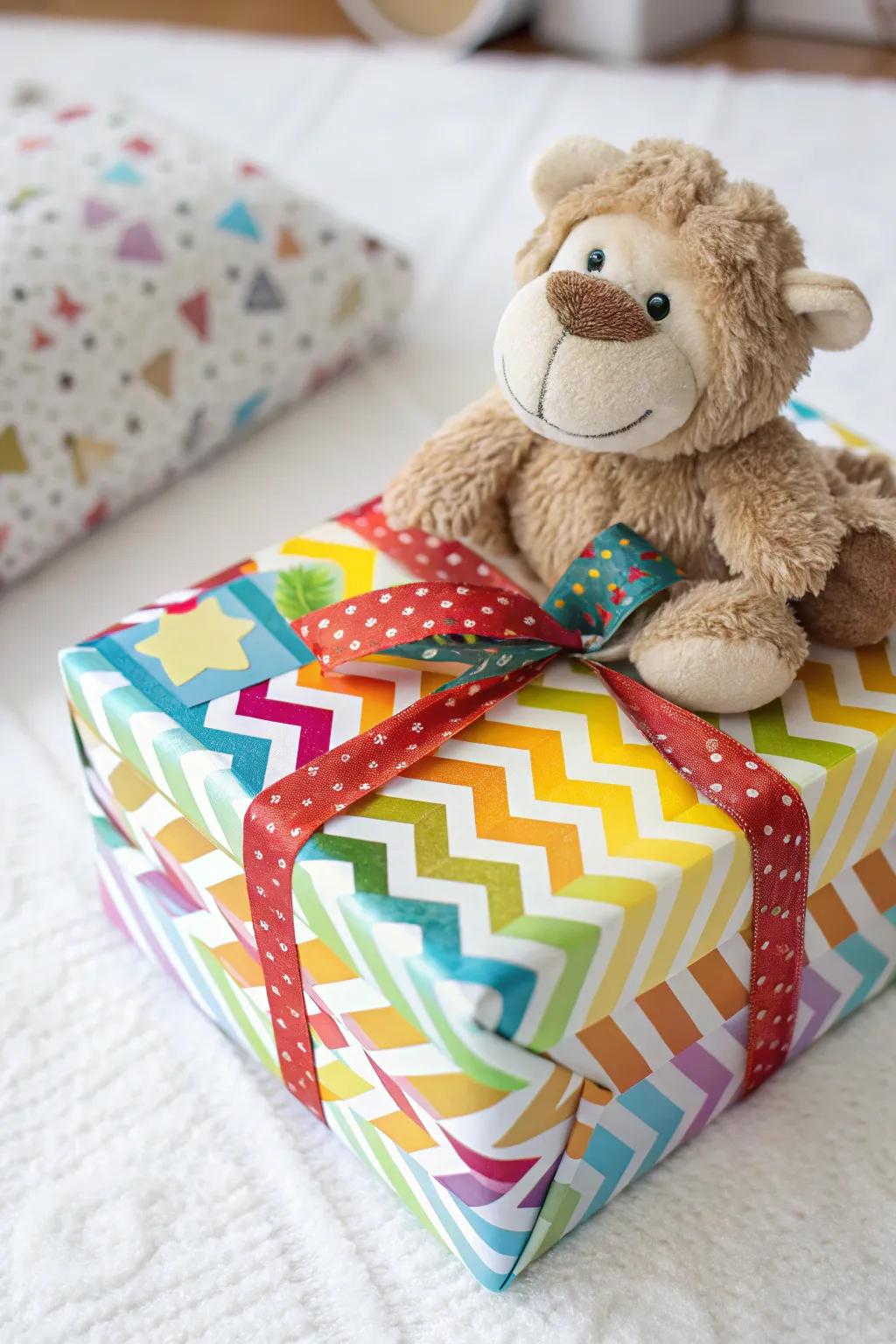 A playful delicate toy topping a wrapped offering, injecting charm and fun.
