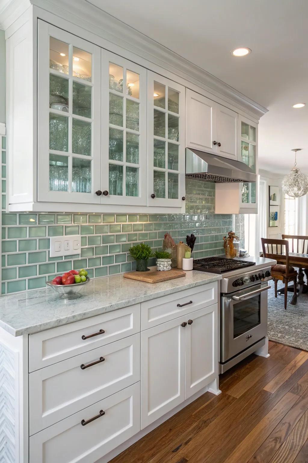 Translucent tiles imbue contemporary elegance into this white kitchen.