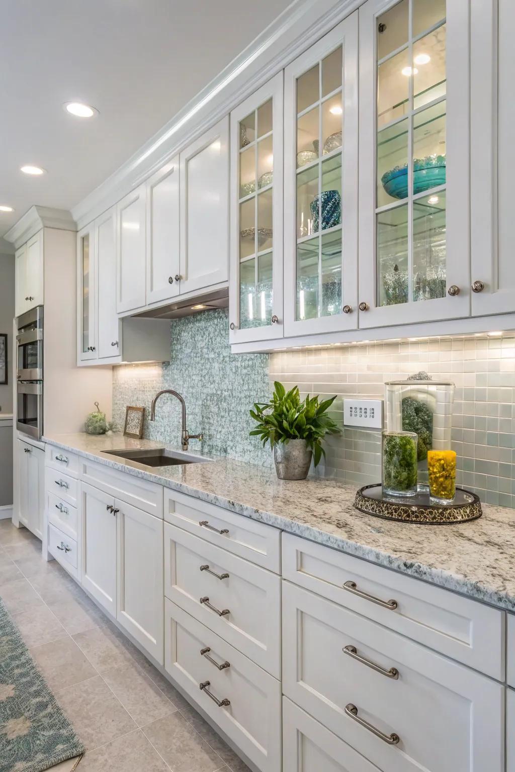 Because of their reflective and elegant surface, glass tiles brighten the kitchen.