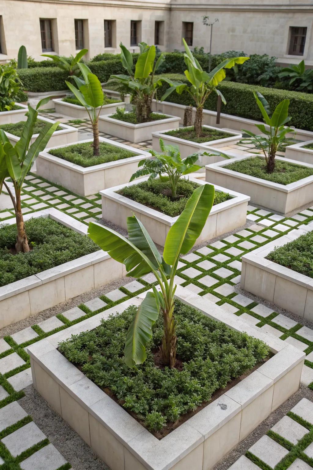 Realize a modern visage with a geometric banana tree garden design.