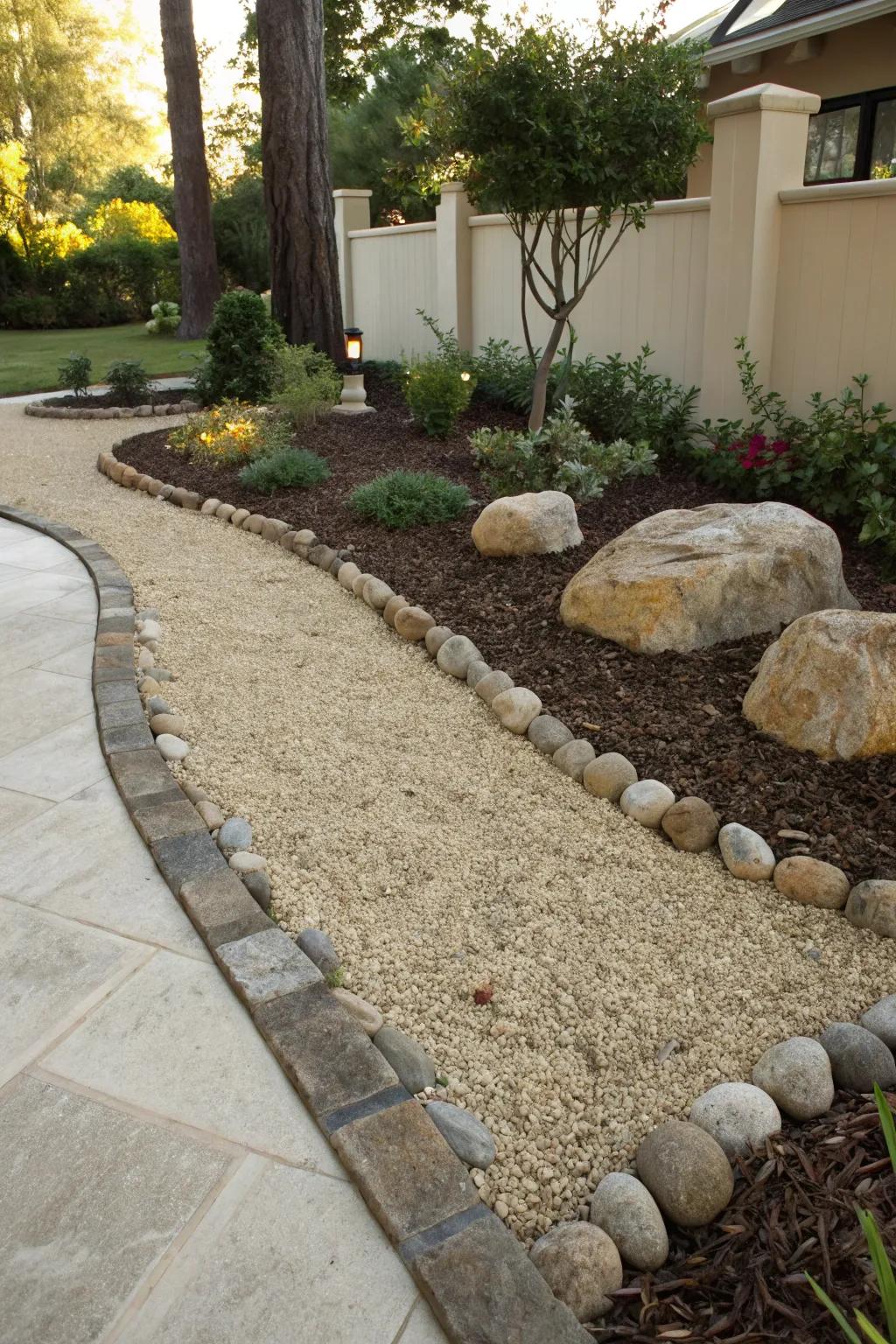Decorative edging with decomposed granite creates neat and structured garden spaces.