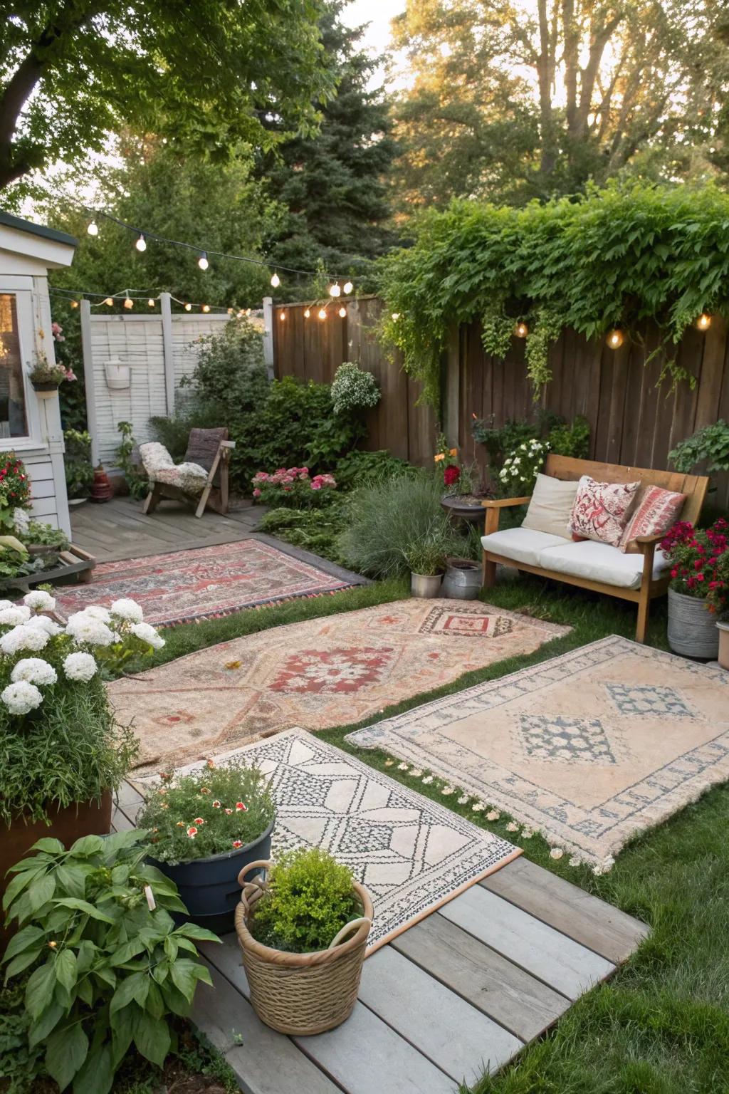 Exterior weavings offer texture and delineate spaces within the garden.