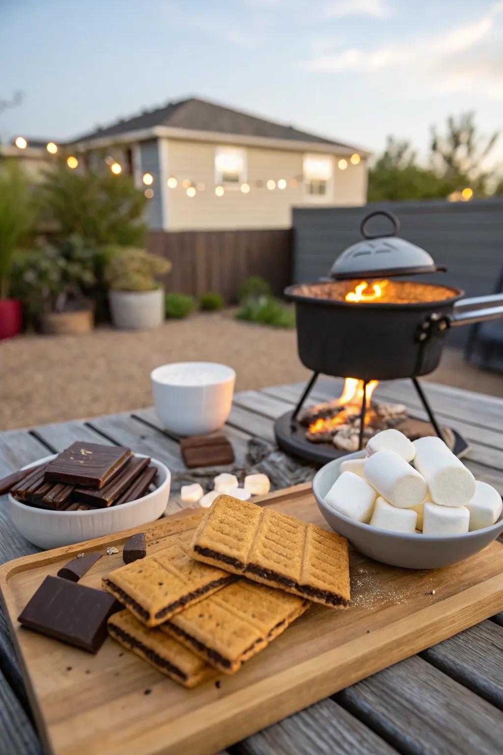 A s’mores bar imparts a decadent touch to backyard meetups.